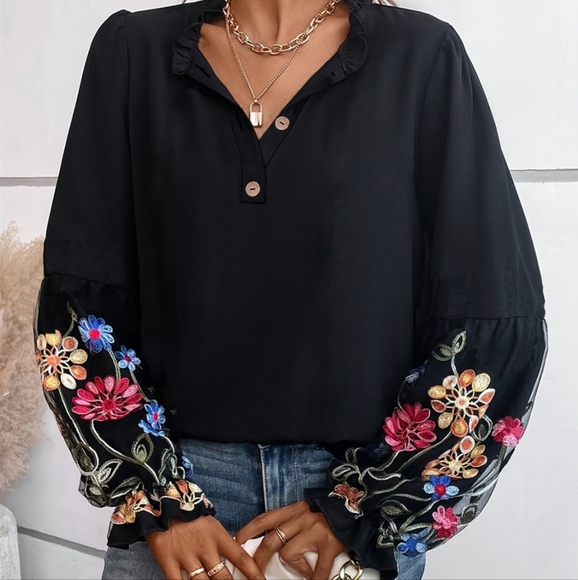 Harmony In Nature Tops - Petal Embroidered Blouse